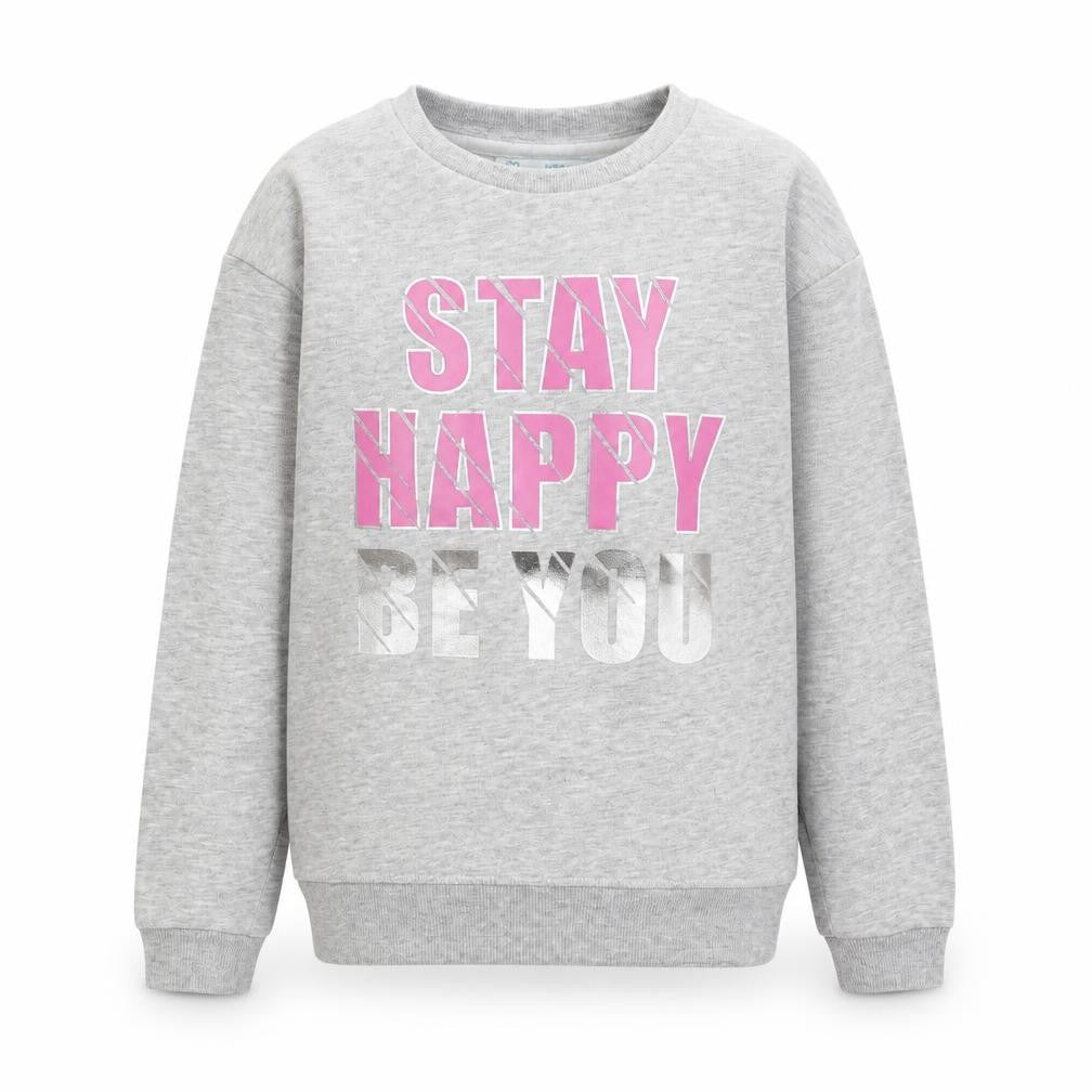 Front view of Primark girls’ grey cotton pullover sweatshirt, size 9-10, years pullover - stay happy be you