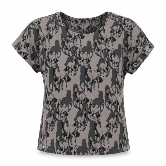 Front view of Vero Moda women’s grey geometric polyester basic blouse, size XS, round neck - horses