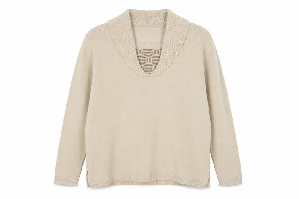 Front view of Envy women’s beige collared acrylic jumper, size L