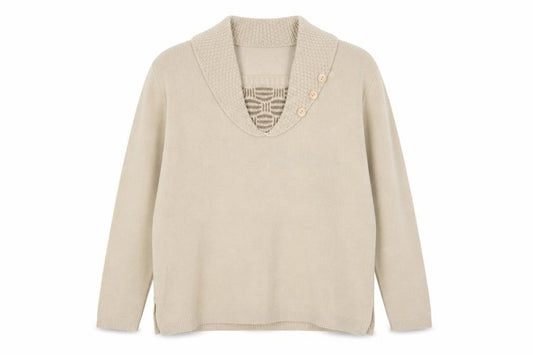 Front view of Envy women’s beige collared acrylic jumper, size L