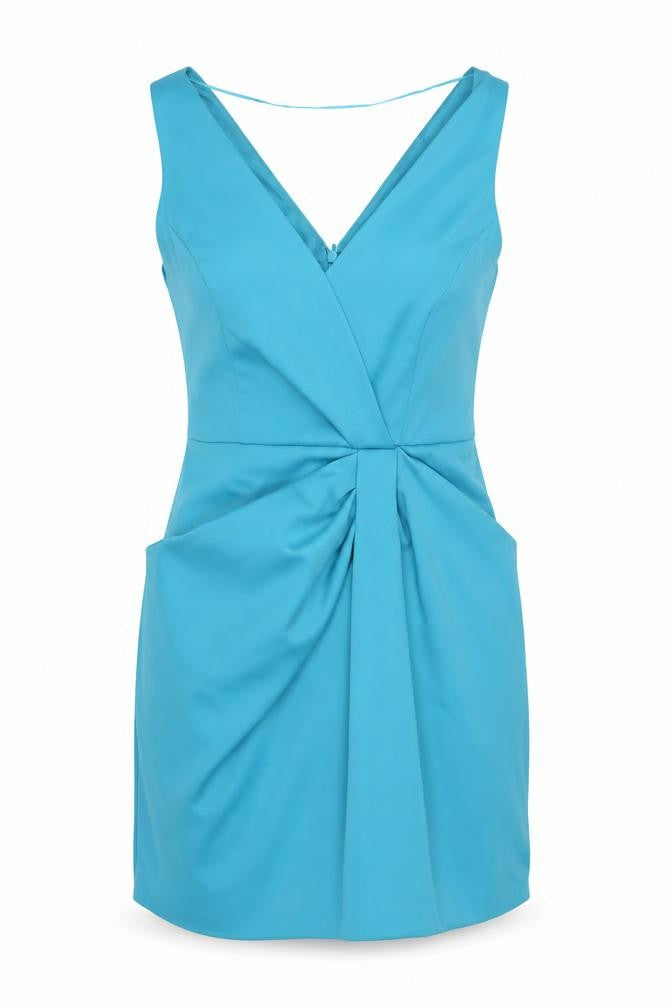 Front view of F&F women’s blue polyester mini, size UK 12, v-neck zip