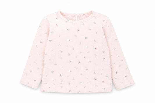 Front view of Primark girls’ pink floral cotton basic casual, size 9-12, months crew neck button