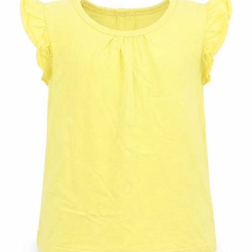 Matalan Girls Yellow Cotton Basic T-Shirt Size 9-12 Months Crew Neck Button - Ruffle Sleeves