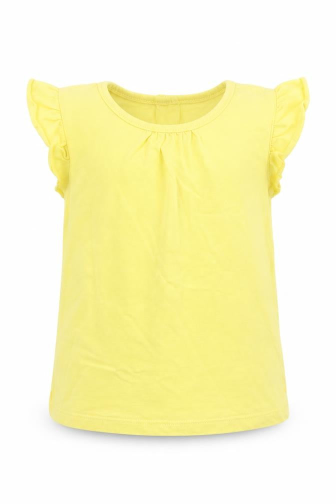 Matalan Girls Yellow Cotton Basic T-Shirt Size 9-12 Months Crew Neck Button - Ruffle Sleeves