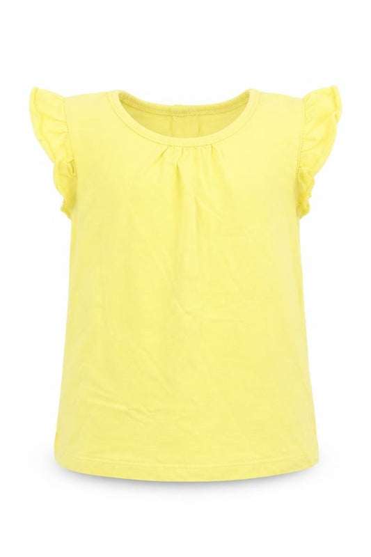 Front view of Matalan girls’ yellow cotton basic t-shirt, size 9-12, months crew neck button - ruffle sleeves