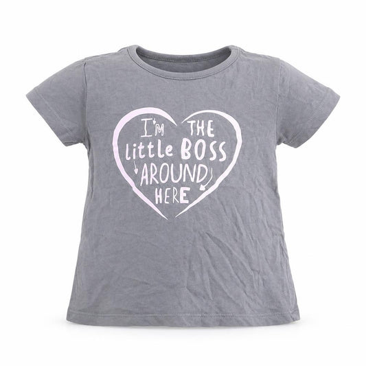 Front view of George girls’ grey cotton basic t-shirt, size 9-12, months crew neck pullover - im the little boss around here