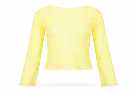 Front view of ASOS women’s yellow striped polyester cropped t-shirt, size UK 8, boat neck