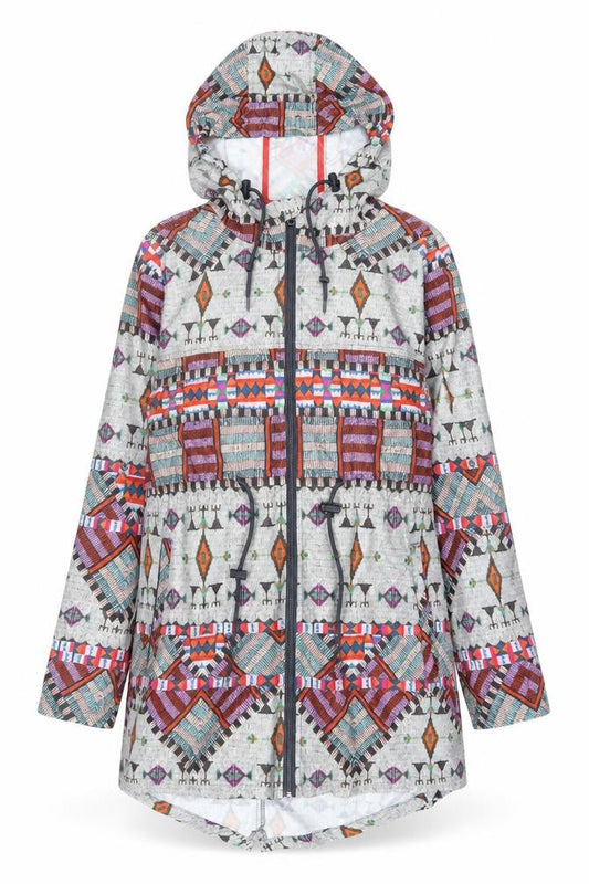Front view of Atmosphere women’s multicoloured geometric jacket, size S, zip