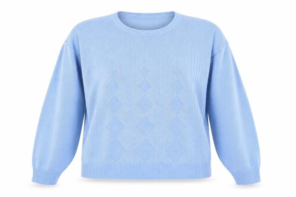 Front view of Capers women’s blue round neck polyethylene jumper, size M