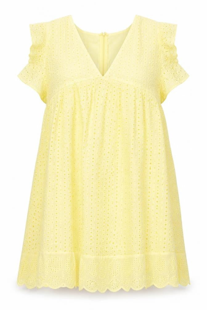 Front view of Preworn women’s yellow cotton basic blouse, size XL, v-neck