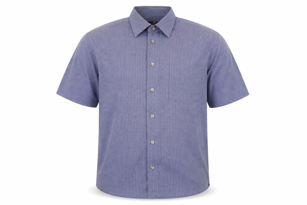 Front view of Blue Harbour men’s blue check cotton button-up, size M, collared button