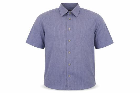 Front view of Blue Harbour men’s blue check cotton button-up, size M, collared button
