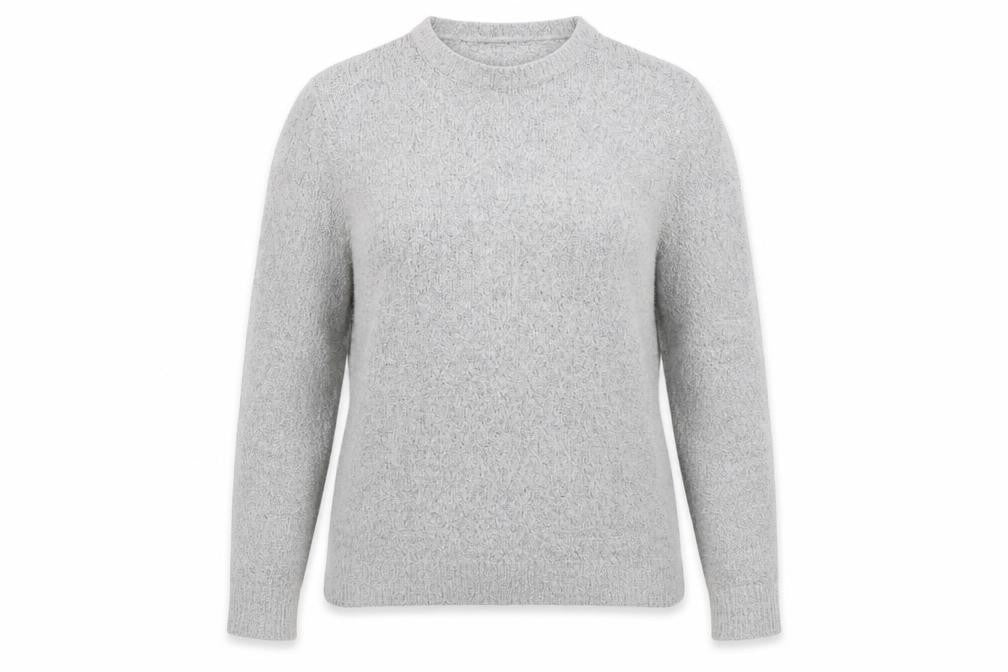 Front view of Onfire women’s grey round neck acrylic jumper, size UK 14