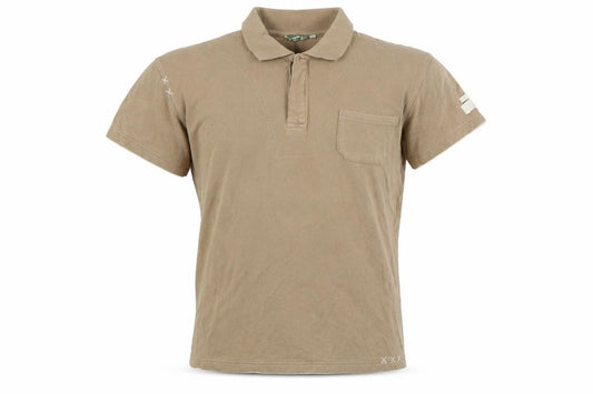Front view of Canadian bear men’s brown cotton polo, size M, collared button