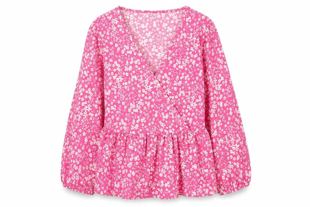 Front view of Pep&Co women’s pink floral viscose basic blouse, size UK 12, v-neck