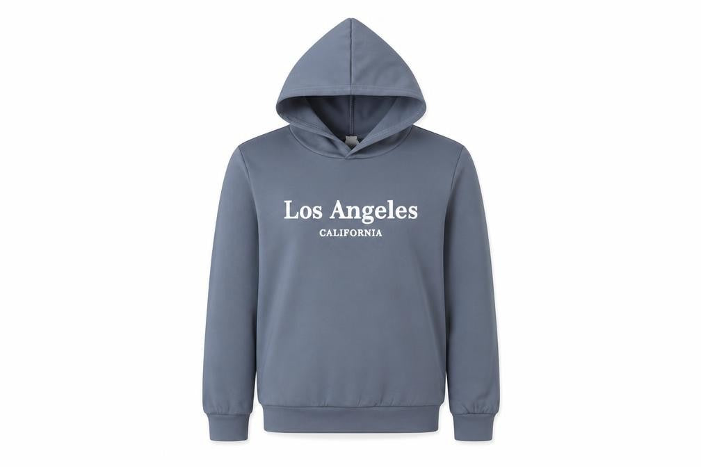 Front view of SHEIN girls’ grey polyester pullover hoodie, size 8, years pullover - los angeles california
