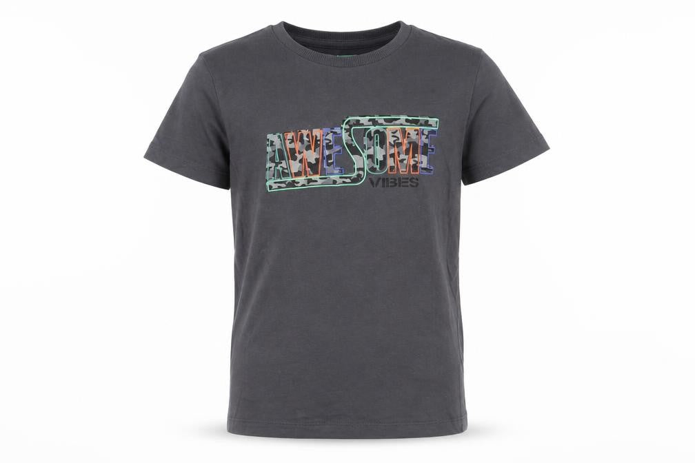 Front view of Matalan boys’ grey cotton pullover t-shirt, size 6, years crew neck pullover - awesome vibes
