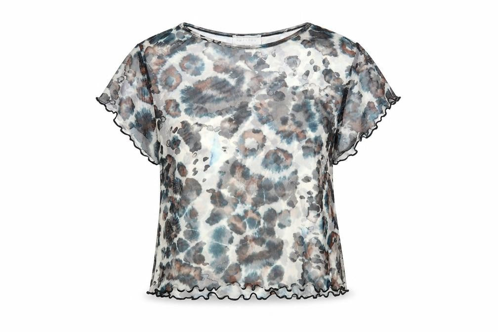 Topshop Womens Grey Animal Print Nylon Basic T-Shirt Size 10 Crew Neck