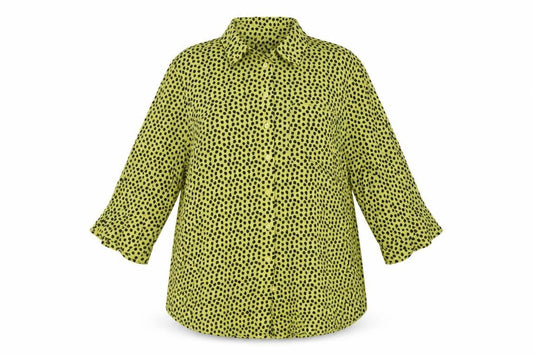 Front view of Next women’s yellow animal print viscose basic button-up, size XL, collared