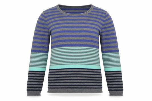 Front view of Julipa women’s multicoloured round neck striped acrylic jumper, size UK 12