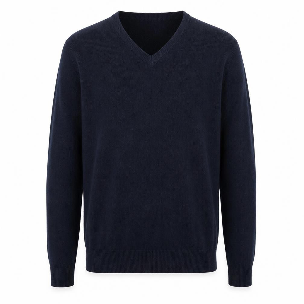 Front view of Cedarwood State men’s blue v-neck acrylic jumper, size XS
