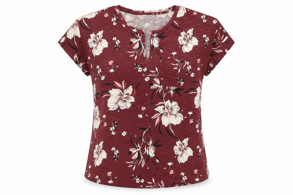 Front view of Part Two women’s red floral cotton basic blouse, size XS, v-neck