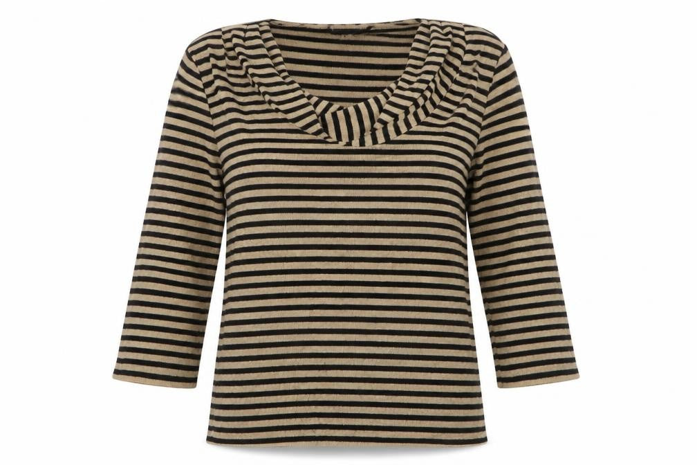 Front view of Phase Eight women’s beige cowl neck striped viscose jumper, size UK 12