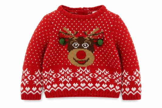 Front view of LC Waikiki boys’ red fair isle acrylic jumper, size 6-9, months button - christmas reindeer