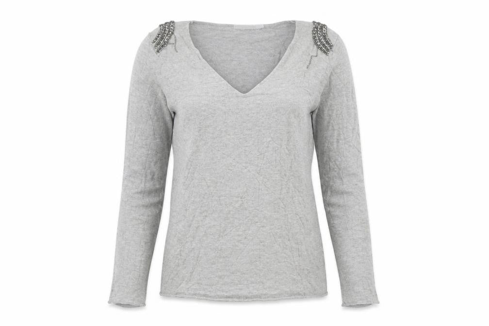 Front view of D.D. Style women’s grey v-neck viscose jumper, size L