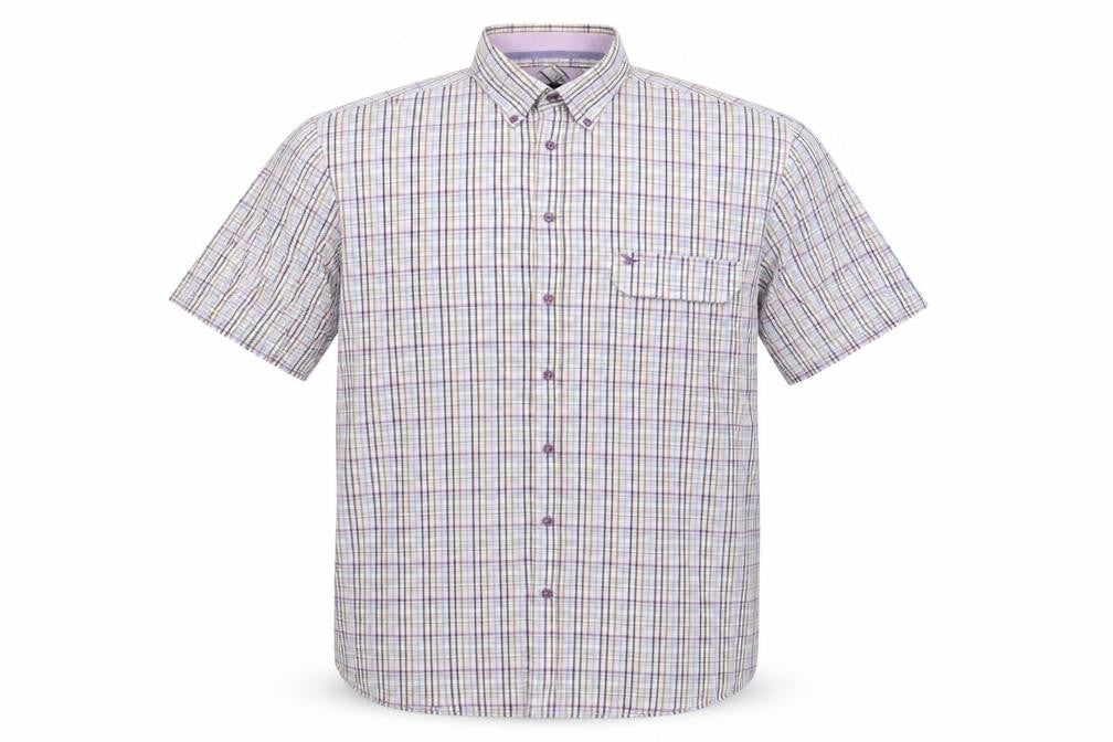 Front view of Oakman men’s multicoloured plaid cotton button-up, size XL, collared button
