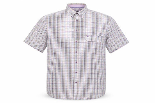 Front view of Oakman men’s multicoloured plaid cotton button-up, size XL, collared button