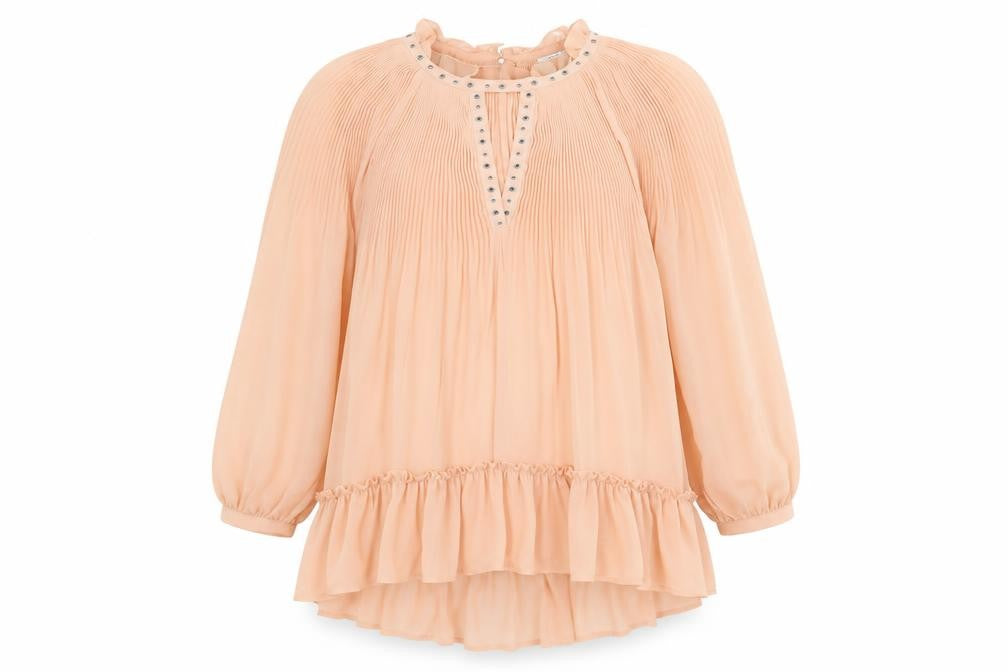 Front view of River Island women’s orange polyester a-line, size UK 14, crew neck button