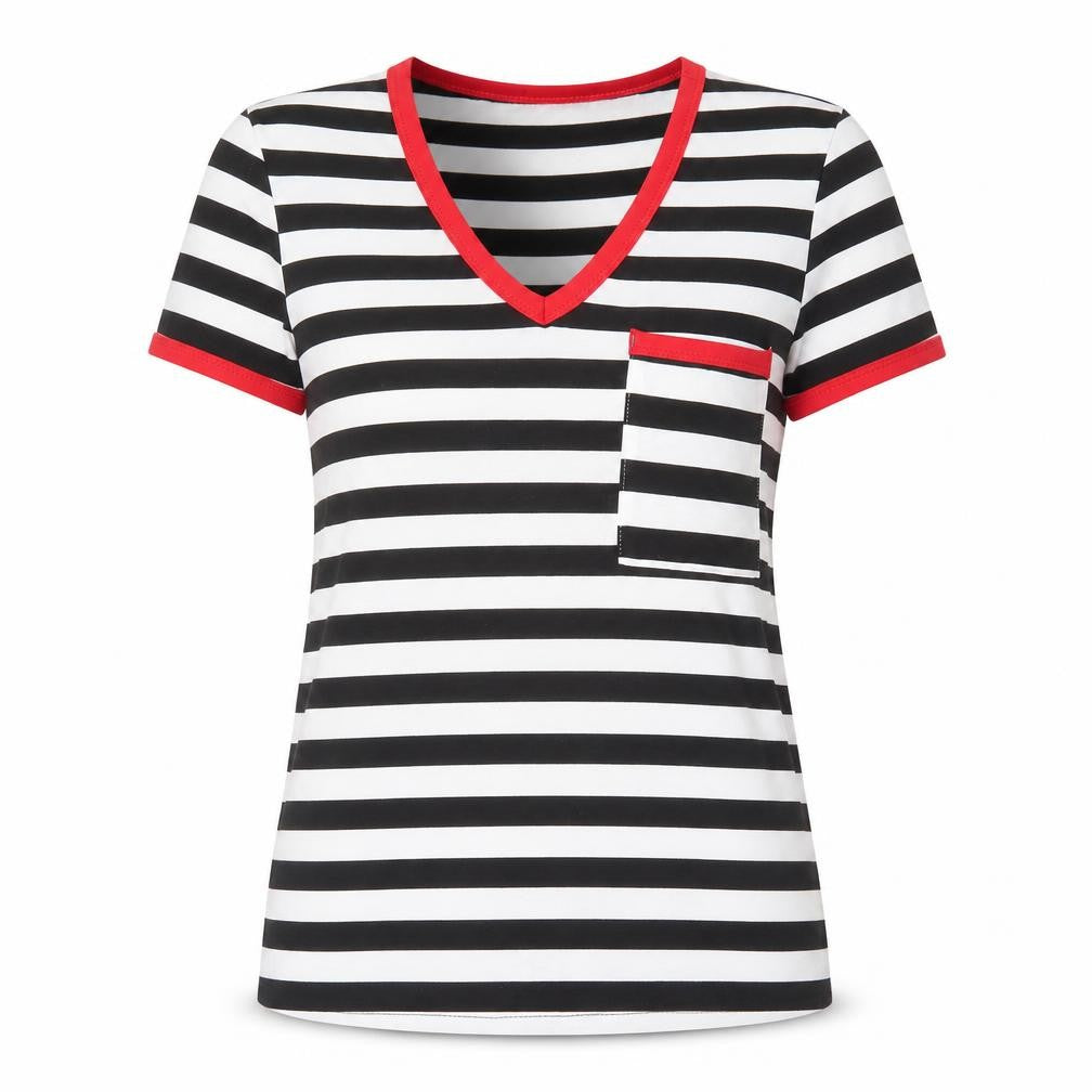 Front view of SHEIN women’s black striped polyester basic t-shirt, size S, v-neck - contrast trim