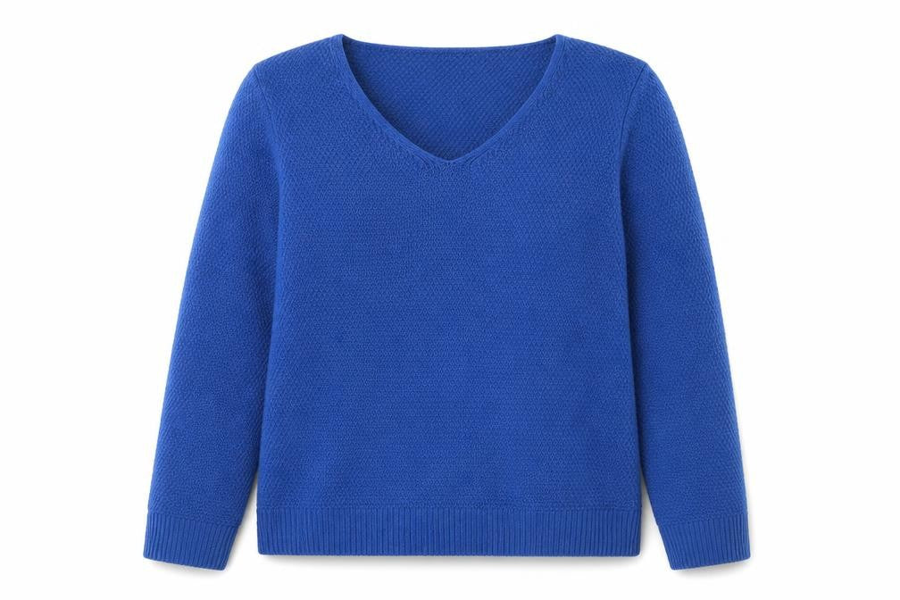 Front view of SHEIN women’s blue scoop neck acrylic jumper, size L
