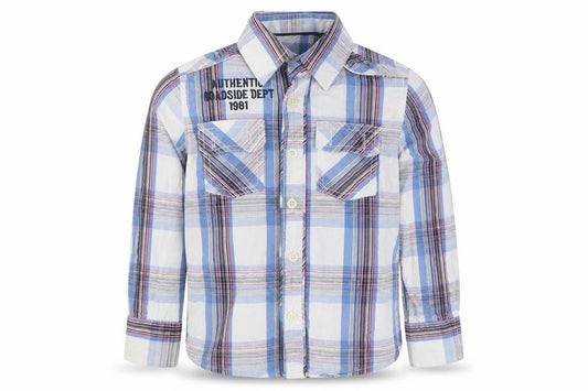 Front view of Dunnes boys’ blue plaid 100% cotton basic button-up, size 4, years collared button
