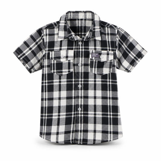 Front view of Rebel boys’ black plaid 100% cotton basic button-up, size 4-5, years collared button