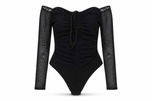 Front view of PRETTYLITTLETHING women’s black polyester bodysuit one-piece, size UK 12, snap