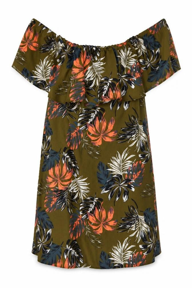Front view of Peacocks women’s green floral polyester a-line, size UK 8, square neck pullover