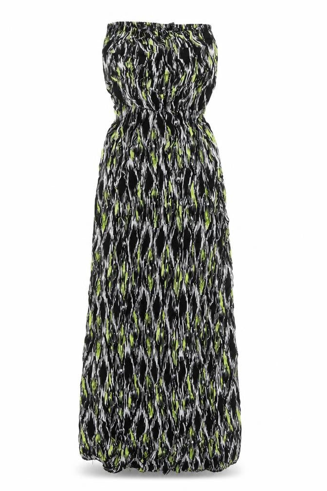 Front view of Atmosphere women’s black geometric polyester maxi, size UK 6, off the shoulder pullover