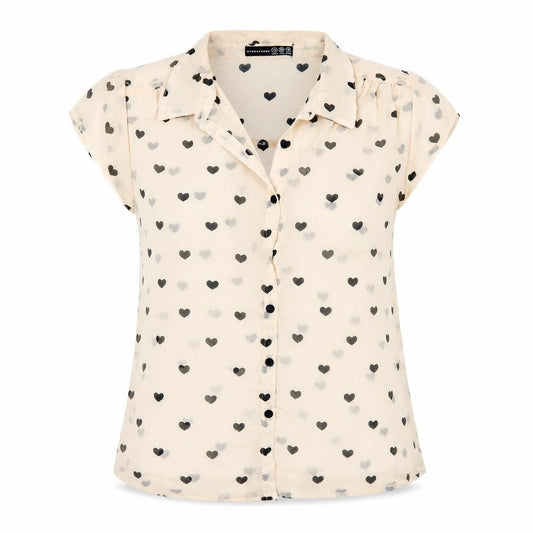 Front view of Atmosphere women’s beige geometric polyester basic button-up, size UK 12, collared - hearts pattern