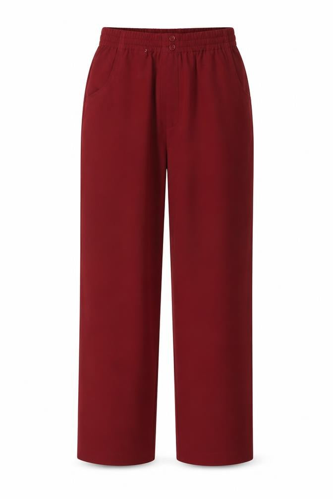 Front view of Ocealis women’s red polyester trousers, size UK 10, 27-inch leg regular