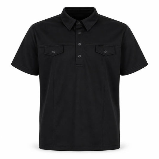 Front view of C.S Athletic men’s black polyester polo, size L, collared button