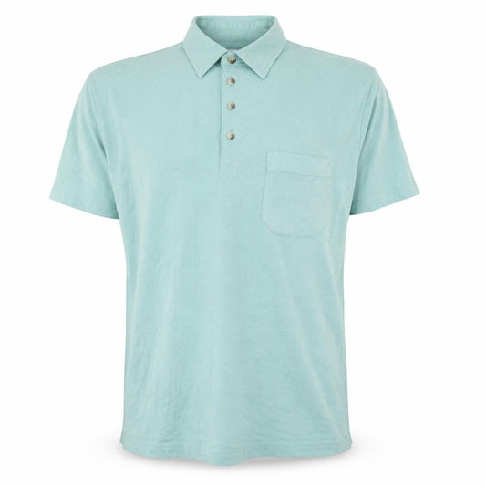 Front view of Savatini men’s green polyester polo, size M, collared button