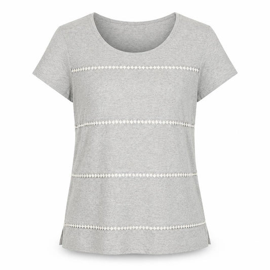 Front view of Essentials Collection women’s grey polyester basic t-shirt, size M, scoop neck