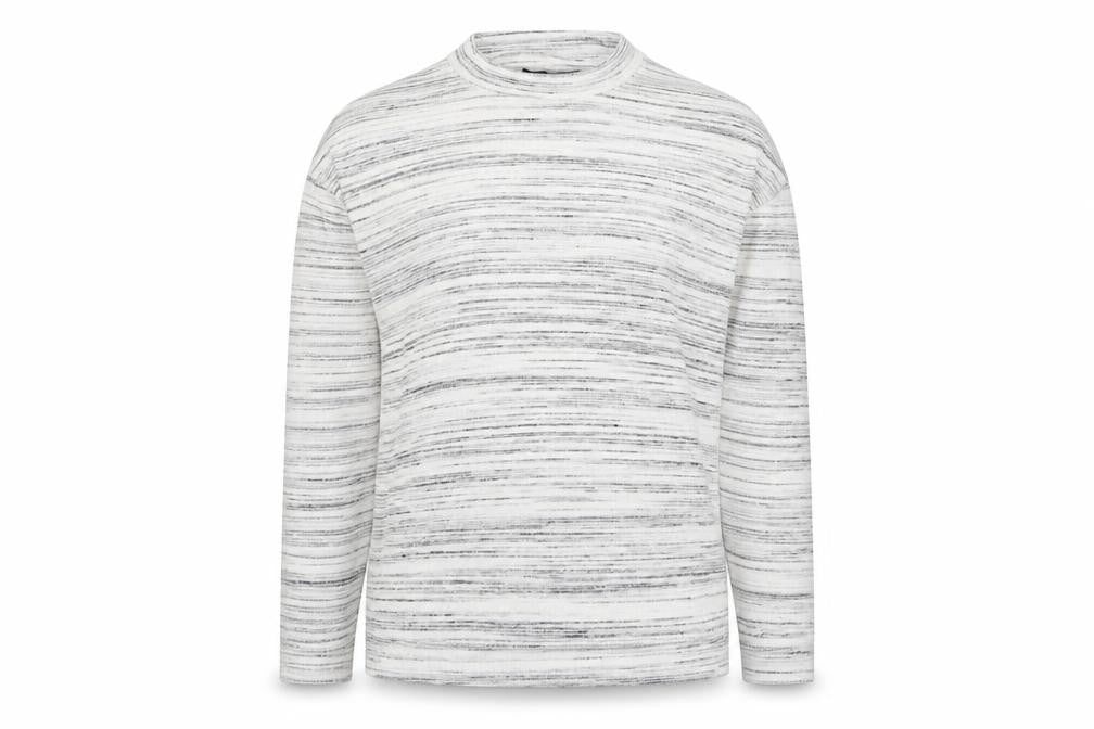 Front view of Marks & Spencer women’s white mock neck striped polyester jumper, size UK 14
