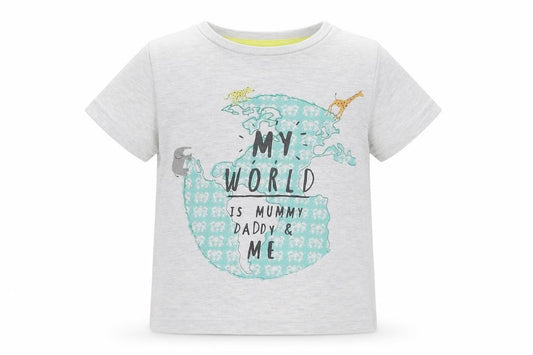 Front view of F&F Baby Grey Cotton Basic T-Shirt, size 12-18, Months Crew Neck Button - My World Is Mummy & Daddy