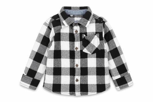 Front view of Urban Rascals girls’ black check cotton basic button-up, size 12-18, months collared button - pocket detail