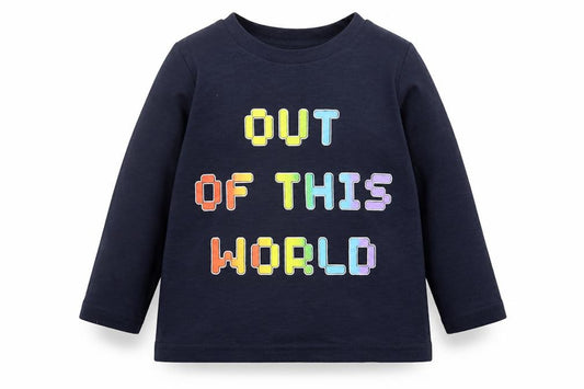 Front view of Dunnes boys’ blue cotton basic casual, size 12-18, months crew neck pullover - out of this world