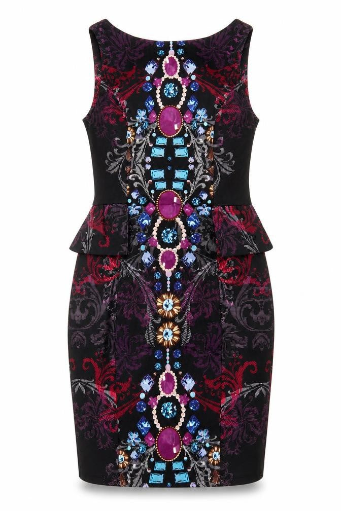 Front view of Red Herring women’s black geometric polyester bodycon, size UK 8, v-neck pullover