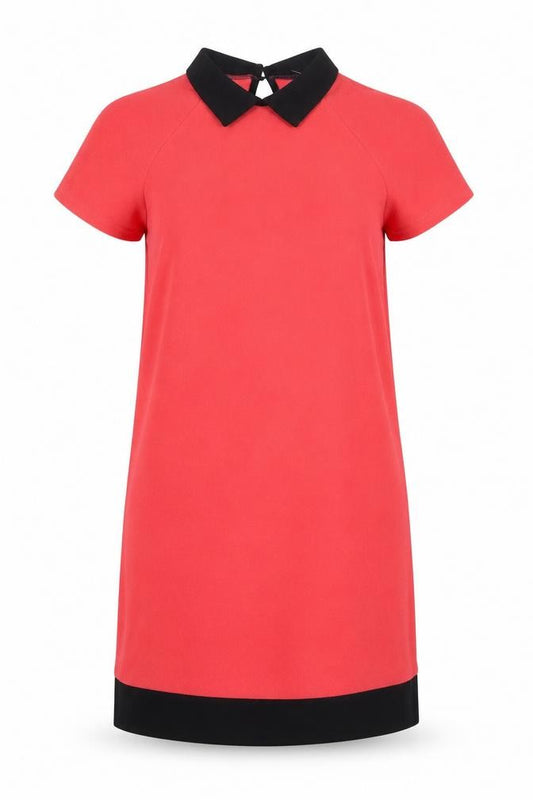 Front view of Exhibit women’s red polyester shift, size UK 12, collared button